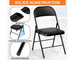 Klapstoel Set 6-delig – Gevoerde Inklapbare Tuinstoelen 46,5 x 46,5 x 78 cm – Comfortabele Outdoor & Indoor Stoelen voor Eetkamer, Balkon, Tuin en Camping – Zwart PU-Leder – Laura