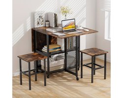 Klaptafel – Vouwtafel – Eettafel – Uitschuifbare Tafel – Krukset – Inklapbaar – Met 2 Opbergvakken – Zwenkwieltjes Met Rem – Compact Voor Kleine Ruimtes