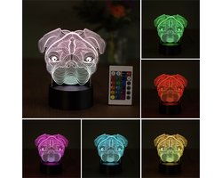 Klarigo®️ Nachtlamp – 3D LED Lamp Illusie – 16 Kleuren – Bureaulamp – Mops Hond – Honden Lamp - Pug - Sfeerlamp – Nachtlampje Kinderen – Creative lamp - Afstandsbediening