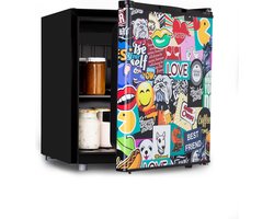 Klarstein Cool Vibe 46+ Koelkast - Inhoud: 46 Liter - 2 Etages - 1 Glazen schap - Energie-efficiëntieklasse E - Vividart Concept: Comic Design Print - Vriesvak - 41 dB - Zwart