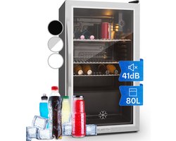 Klarstein Drankkoeler minikoelkast met glazen deur, minikoelkast voor op de kamer, kleine met verstelbare schappen, kleine koelkast van 80 liter, stille koelkast voor binnen en buiten - Drankkoelkast Drankenkoelkast - Touch - RVS