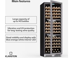 Klarstein Vinovilla Trio wijnkoeler – 144 flessen, 3 zones, 5–20 °C, LED-verlichting, UV-bescherming, vrijstaand, klimaatkast voor wijn