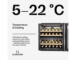 Klarstein Wijnkoeler Rhone 36 Duo - 36 flessen, 2 zones, 5-22°C, LED-bediening, UV-bescherming, stille werking, zwart, wijnklimaatkast - Wijnkoelkast - 85L 41 dB - voor Wijnliefhebber voor Bar - Glazen Deur Houten Schappen - Wijnkast