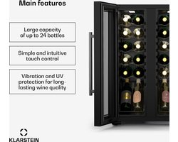 Klarstein Wijnkoeler Shiraz Wijnkoelkast - 2 Koelzones - Touch control - LED verlichting - Vrijstaand - Zwart - 24 Flessen - voor Wijnliefhebber voor Bar - Compressor - glas Kunststof - Wijnklimaatkast - Wijnkast - Wine Cooler