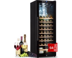 Klarstein wijnkoeler, slanke drankkoeler, koelkast met één temperatuurzone en glazen deur, vrijstaande drankkoelers, kleine wijnkoeler, wijnkoelers met UV-bescherming, 4-18 °C, 54 flessen - Wijnkoelkast - 155L 46 cm - voor Bar - Touch Houten Schappen