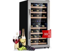 Klarstein Wijnkoelkast Vrijstaand – 2 Zones Wijnklimaatkast Smal met Glazen Deur – Drankenkoelkast met LED-Verlichting – Binnen/Buiten Gebruik – Temperatuur 5-18°C – Capaciteit 33 Flessen