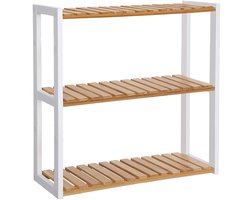 Klarven® Badkamerrek Bamboe Naturel en Wit - Badkamerrekje Staand - Badkamerrek Douche - Bathroom Shelf - 3 Verstelbare Planken - Draagvermogen 16 kg per Plank - 60x15x54 cm