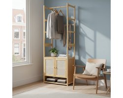 Klarven® Kledingrek Bamboe - Kledingrek Hout - Kledingrekken - Kledingrek Muur - Clothing Rek - Met Opbergkast En Planken, Vrijstaand Model Met Open Ontwerp - B52,8xd31,5xh167,9cm