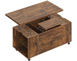 Klarven® Koffietafel met Opbergruimte Rustiek bruin - Verstelbare Koffietafel - Salontafel - Uitschuifbaar Blad, Lade en Verborgen Vak, 5 Vergrendelbare Wielen - B100xd50xh53cm