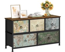 Klarven® Ladenkastje Slaapkamer Floral motif - Metalen Ladenkastje - Chest Of Drawers - 5 Stoffen Laden, Draagvermogen 40 kg, Stevig Metalen Frame - B100xh54xd30cm