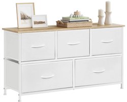 Klarven® Ladenkastje Slaapkamer Wit - Metalen Ladenkastje - Chest Of Drawers - 5 Stoffen Laden, Draagvermogen 40 kg, Stevig Metalen Frame - B100xh54xd30cm