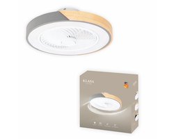 KLASA Living© Slimme Plafondventilator - Grijs + Hout - Ø 52 cm - Stille Motor - Handige App - Dimfunctie - Plafond Ventilator met Verlichting - Plafondlamp met Ventilator