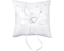 Klassiek Ringkussen Wit- 15X15 cm- Helder wit met fonkelende Hartjes en glinsterde steentjes- BRUILOFT RINGKUSSEN- POLYESTER,SATIJN- YOUHOMY WEDDING DECOR- Ringkussen huwelijk