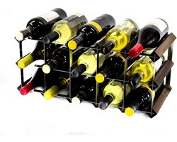 Klassieke 15 flessen eiken donker gebeitst hout en verzinkt metalen wijnrek zelfmontage