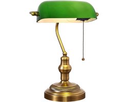 Klassieke Bankierslamp met Groene Glazen Kap en Trekketting - Antiek Brons