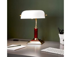 Klassieke bureaulamp met draaibare kop en tuimelschakelaar - 34 cm hoog - Glazen lampenkap met eikenhouten accent