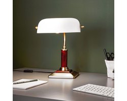 Klassieke bureaulamp met draaibare kop en tuimelschakelaar - 34 cm hoog - Glazen lampenkap met eikenhouten accent