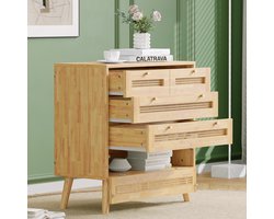 Klassieke ladenkast, kast met 3 laden, met rotan laden bovenkant, met neerklapbaar deksel, gouden metalen handgrepen en houten poten, geschikt voor opbergruimte in de woonkamer en slaapkamer, spaanplaat.