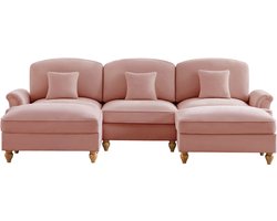 Klassieke modulaire U-vormige bank van chenille met trechterarmleuningen, afneembare ruches rok, spoelvormige poten & verrijdbare ottomane – Zachte, diepe cloudsofa voor de woonkamer, roze