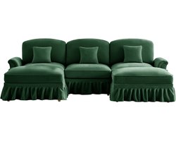 Klassieke modulaire U-vormige bank van chenille met trechterarmleuningen, afneembare ruches rok, spoelvormige poten & verrijdbare ottomane – Zachte, diepe cloudsofa voor de woonkamer, groen