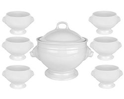 Klassieke Soepterrine met Deksel en 6 Soepkommen van Porselein – 2,75 Liter en 0,4 Liter – Ovenvast en Ideaal voor Soepen en One-Pot Gerechten