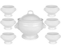 Klassieke Soepterrine met Deksel en 6 Soepkommen van Porselein – 2,75 Liter en 0,4 Liter – Ovenvast en Ideaal voor Soepen en One-Pot Gerechten