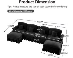 Klassieke U-vormige modulaire 4-zits bank van chenille met trechterarmleuningen, afneembare ruches rok, spoelvormige poten & verrijdbare ottomane – Zachte cloudbank voor de woonkamer, zwart