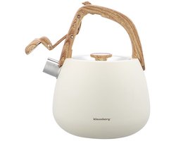 Klausberg 7775 - Fluitketel met fluit - 2.5 liter - RVS - Wit met houten handgreep