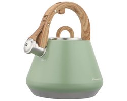 Klausberg - KB-9062 - Fluitketel - RVS Waterketel - Met Fluit - Matte Afwerking - Afneembaar Deksel - Houten Look Handgreep - Inductie - Gas - Elektrisch - Keramisch - Theeketel - Koffie - Brede Voet - 2.5L - Pastelgroen