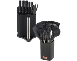 Klausberg - Keuken Set - Keuken Accessoires Set - 8-Delig - Messenset met Houder & 12-Delig - Siliconen Keukengerei Set - Zwart