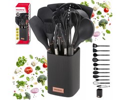 Klausberg Keukengerei Set 12-delig met Standaard – Siliconen Keukengerei – Hittebestendig 220°C – Zwart