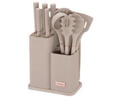 Klausberg Keukenset 15-delig - Mesblok met 5 Messen, 5 Siliconen Keukengereedschappen en Snijplank - Beige