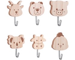 Kledinghaken dieren set van 6 - houten zelfklevend - schattige motieven - vrolijke decoratie voor kinderen - ShopVlot
