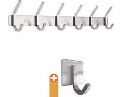 Kledinghaken, garderobelijst, geborsteld roestvrij staal, chroom, mat, wandkapstokken, 6 vaste haken, houden tot 30 kg, plus: 1 zelfklevende haak