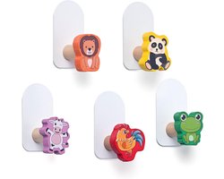 Kledinghaken voor kinderen, 5 stuks, wandkapstok voor kleding, grappige dieren, zelfklevend, hout, zonder boren, voor kinderkamer
