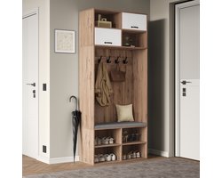 Kledingkamer set - kastenset - met stoel - 5 haken - 2 deuren en 6 open opbergvakken - houtkleur en wit - 80×35×185 cm