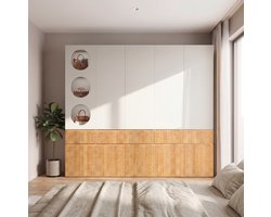 Kledingkast - 10 Draaideuren, 2 Kledingroedes En 3 Laden - Voor Slaapkamer, Hal Of Kantoor - MDF En Spaanplaat - 225x50x200 Cm - Licht Eiken En Grijs