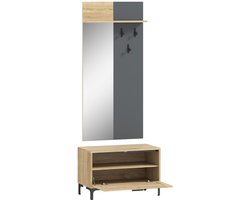 Kledingkast - 120x40x50 cm - Garderobeset Met Schoenbank, Spiegel & 3 Haken - Open Opbergruimte Voor Hal - Hout - Natuurlijk/Grijs