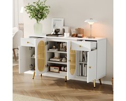 Kledingkast 140x35x82 cm - dressoir - zijkast - met 2 laden en 4 deuren - verstelbare planken - wit en houtkleur