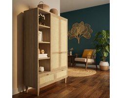 Kledingkast 180x120x50 cm – Landelijke Eikenlook met Rotan Vlechtwerk – Garderobekast met 2 Deuren, 2 Laden, Open Planken, Kledingstang & Kantelbeveiliging – Slaapkamer Kast Mobili Bella