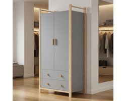 Kledingkast 2 Deuren 90 cm – Arqam Moderne Garderobekast met Kledingstang en 2 Lades – Compacte Opbergkast voor Slaapkamer, Kinderkamer en Hal – Hout/Blauw – 180x90x45 cm