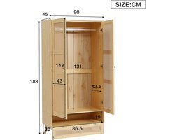 Kledingkast 2 Deuren met Kledingstang – Casa Velluto NaturaRotan Garderobekast 90x183x45 cm Naturel – Slaapkamer- en Woonkamerkast met Flip-Top Opbergruimte – Rustiek Design Spaanplaat + Rotan