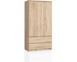 Kledingkast 2-deurs Casa Velluto Eleganza – 180 cm Hoog, 90 cm Breed, 51 cm Diep – Moderne Slaapkamerkast met 2 Laden, 4 Verstelbare Planken en Hanggedeelte – Sonoma Eik Finish – Multifunctioneel voor Slaapkamer, Hal en Woonkamer