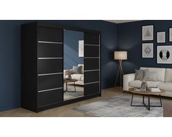 Kledingkast 200 cm met Schuifdeuren en Spiegel – Arqam Derby Luxe Zwart Garderobekast 215x200x58 cm – Moderne Slaapkamerkast met 9 Planken en Kledingroede – Grote Opbergkast voor Kleding en Accessoires