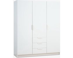 Kledingkast – 3 Deuren + 3 Lades – Wit – Met 2 Kledingroedes & 4 Schappen – 144x176x50 cm