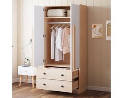 Kledingkast 70x40x170 cm – Garderobekast met Draaideuren, Lades en Planken – Slaapkamerkast voor Kledingopslag – Houtkleur/Wit