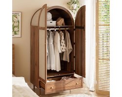 Kledingkast 79 x 50 x 175 cm – Draaideurkast met 2 Rotan Boogdeuren en Lade – Houten Slaapkamerkast met Kledingstang en Opbergruimte – Walnootlook – Abkantoor