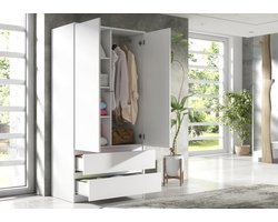 Kledingkast 90 cm met 2 Lades – Arqam Moderne Garderobekast 180x90x50 cm – Witte Slaapkamerkast met Deuren, Hang- en Legplanken – Ruime Opbergkast voor Kleding, Linnen en Accessoires