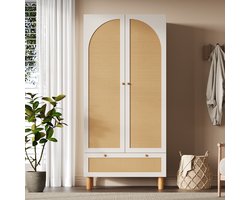 Kledingkast - Ademend rotan paneel - 180 x 85x 52 cm -Opbergkast - Met Grote Lade - Met in hoogte verstelbare legplanken - Wit