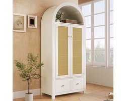 Kledingkast - Ademend rotan paneel - 181 x 78 x 45 cm - Opbergkast - Met Twee Lades - Kastdeuren met magneetsluiting - Wit